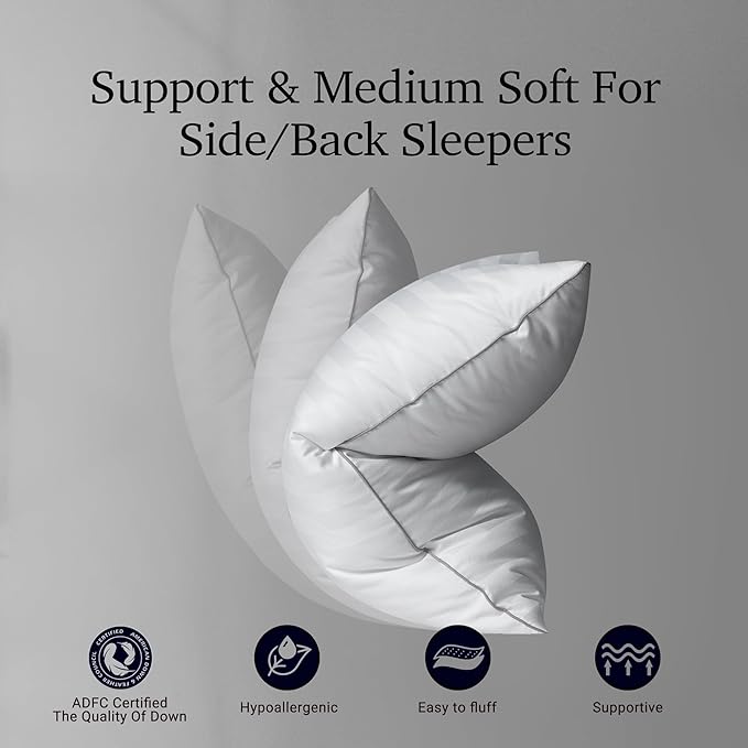 Hotel Grand Softy-Around Feather Down Pillows Standard Size Set of 2 Packs White Strip 100% Cotton Fabric Bed Pillows for All Position Sleepers,26"x20"/2 Packs