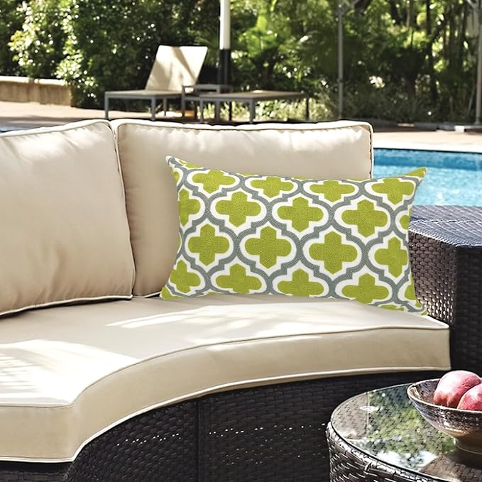 Alysheer Embroidered Lumbar Decorative Throw Pillow Cover 12"x 20", Classic Boho Geometric Embroidery Pattern Cotton Rectangular Cushion Case for Sofa Couch Living Room Bedroom(Green Grey)