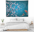Houselerax Japanese Koi Fish Tapestry, Cherry Blossoms Asian Oriental Green Teal Flower Branch Koi Fish Carp Tapestries Wall Hanging for Bedroom Living Room Office Decor 80"x60"