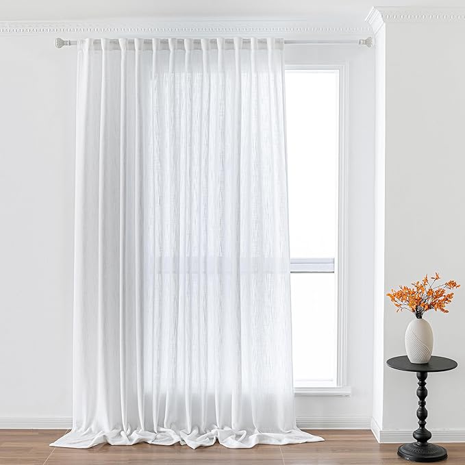 MYSKY HOME Floor to Ceiling Curtains 108 Inches White Sheer Window Drapes 1 Panel for Sliding Glass Door Back Tab Draperies Linen Look Boho Fabric, Soft Cotton Blend Light Filtering for Living Room