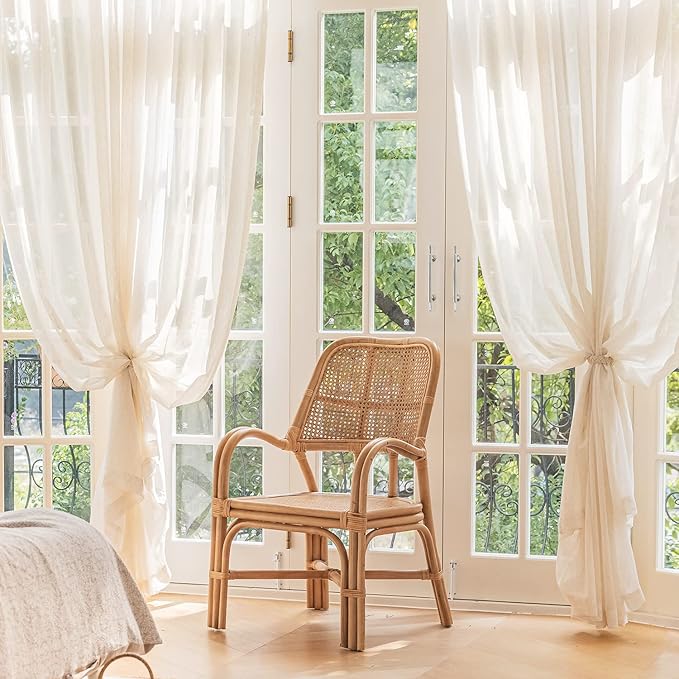 FMFUNCTEX Linen Sheer Pinch Pleated Curtains for Living Room, Linen Flax Beige 96 Inches Long Sheer Curtain Panels for Bedroom, Natural Back Tab Window Drapes for Farmhouse, Rod Pocket 2 Panels