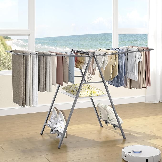 APEXCHASER Clothes Drying Rack Foldable, Metal Laundry Drying Rack Collapsible, Portable Compact Clothes Rack for Sweater Baby Clothes Towel Indoor & Outdoor, Height Adjustable Clothes Airer, Grey