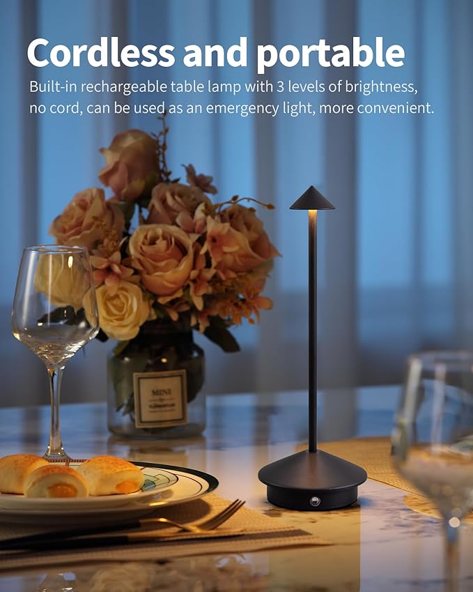 Modern Cordless Table Lamp Set of 2, Portable LED Desk Lamps, 5000mAh Rechargeable Battery Operated Lighting for Bedroom Dining Room Restaurant Coffee Shop Camping Night Light (Black)