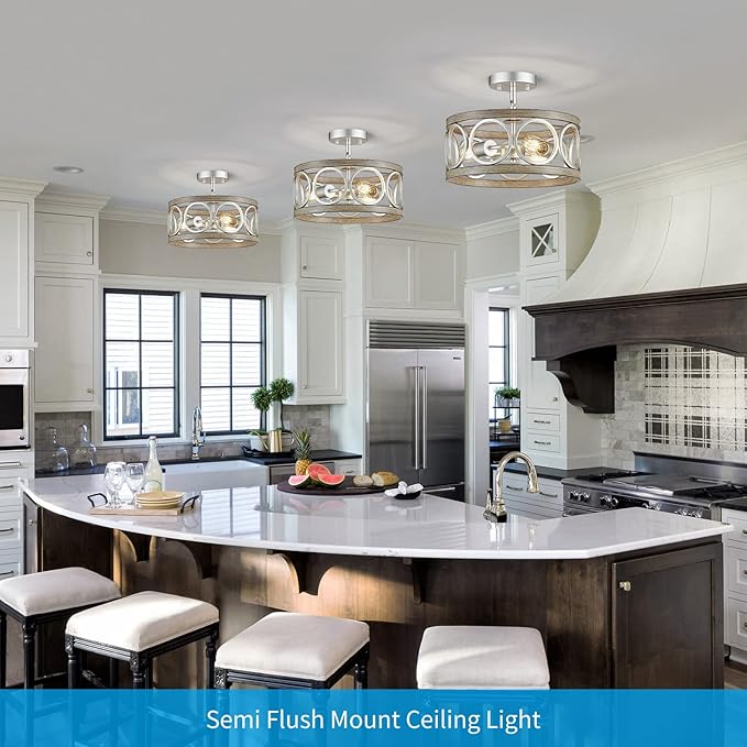 XINGQI Modern Ceiling Light Adjustable Height Pendant Lighting Fixture Brushed Nickel Wood Grain Metal 13" Rustic Round Lights for Dining Room Kitchen Bedroom Foyer Hallway