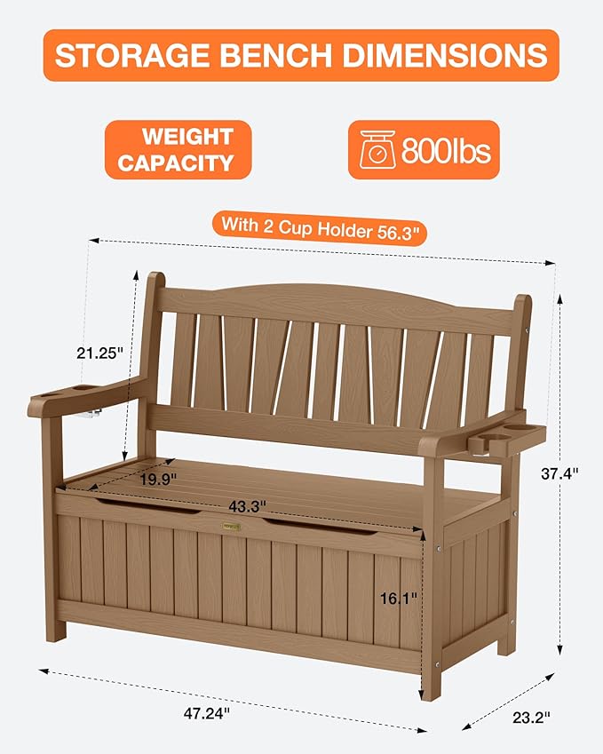 YEFU Outdoor Storage Bench for Patio: Heavy Duty Garden Bench with 96° High Backrest & Oversized Seating - HIPS Weatherproof Patio Bench with Storage for Porch Park Backyard, Teak