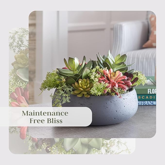 Faux Succulent Arrangement, Premium Artificial Indoor Plant Enhances Interior Design, Display on Any Surface in Your Home Adding an Inviting Touch of Nature, Grey Planter Pot Included