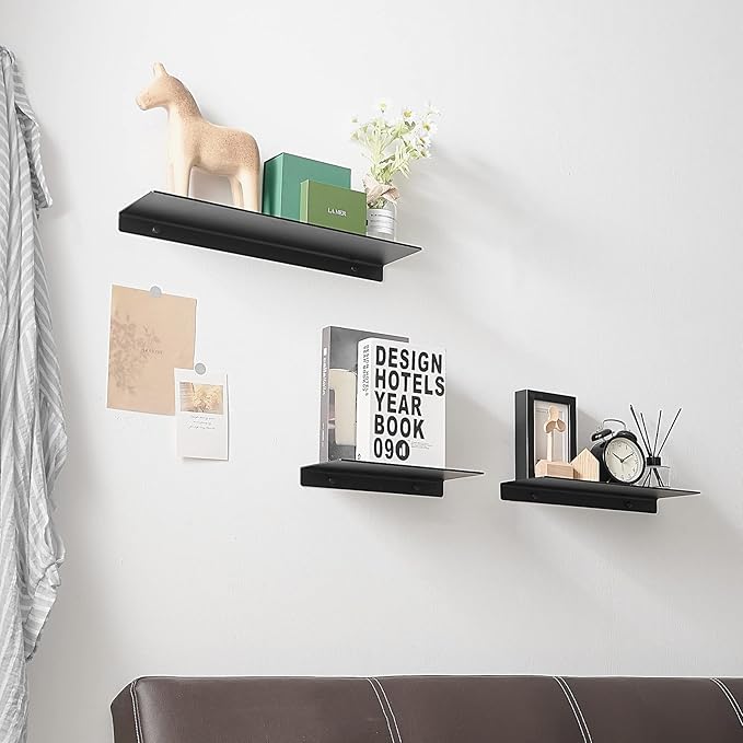 JOOM Black Floating Shelves for Wall Storage, Metal Wall Shelves for Living Room, Bathroom, Kitchen, 16” Display Shelves for Collectibles(2 PCS)