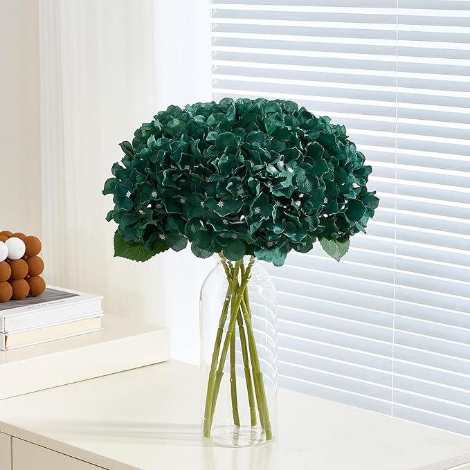 8Pcs Emerald Green Fake Flowers Silk Hydrangea Artificial Flowers Bouquets Faux Hydrangea Stems for Home Table Centerpieces Wedding Party Decoration
