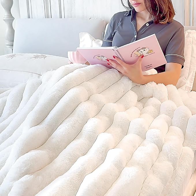 BEDELITE Faux Fur Throw Blanket for Couch, Soft and Cozy Luxurious 3D Striped Fluffy Blanket, 770GSM Thick Warm Plush Fuzzy Faux Rabbit Fur Blanket for Women Gift (Cream, 60"x 80")