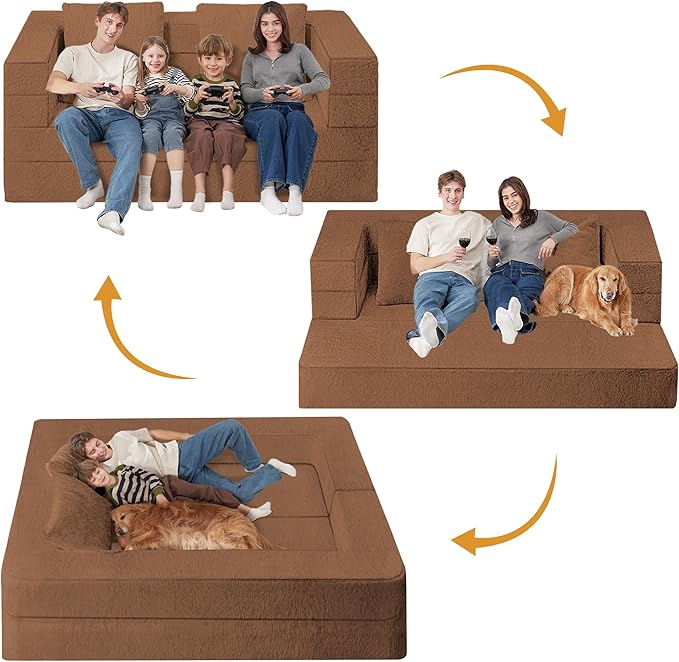 Folding Bean Bag Chair for Adults,3-in-1 Bean Bag Couch Faux Fur Floor Sofa Large Beanbag Convertible Bean Bag Sofa Bed with Pillow in Bedroom,Living Room,Apartment(Queen,Caramel)