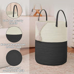 Large Woven Laundry Basket Hamper,80L Cotton Rope Storage Bin for Blankets,Toys and Clothes,Decorative Tall Nursery Hamper for Living Room,Baby Nursery,Bathroom and Bedroom,White and Black