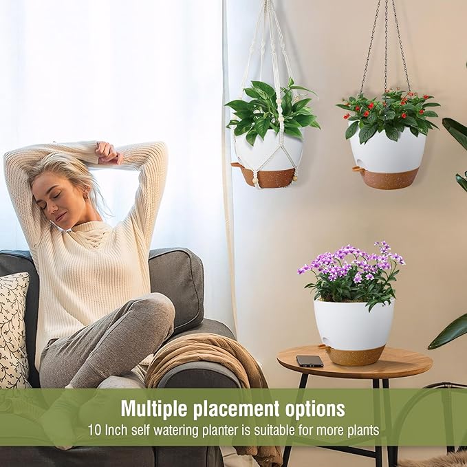 10 inch Self Watering Hanging Planters, 2 Pack Hanging Baskets for Indoor Outdoor Plants, Hanging Flower Pots with Drainage Holes & 2 Kinds of Plant Hangers for Garden Home Décor, White Brown