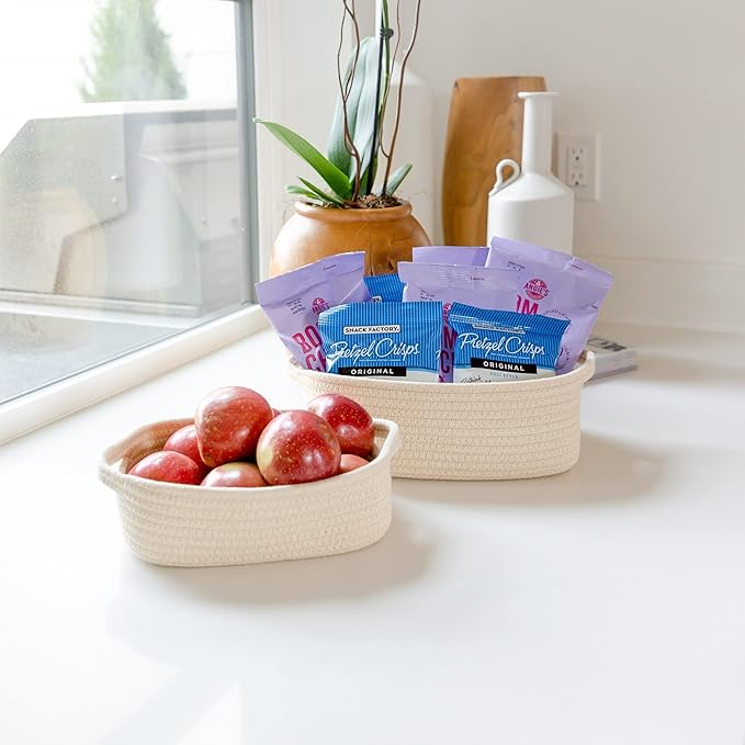 NaturalCozy 5-Piece Rectangle Storage Basket Set- Natural Cotton Rope Woven Baskets for Organizing! Small Basket for Montessori, Baby Nursery, Dog Toy Baskets, Cat Toy Box, Bathroom Organization Bin