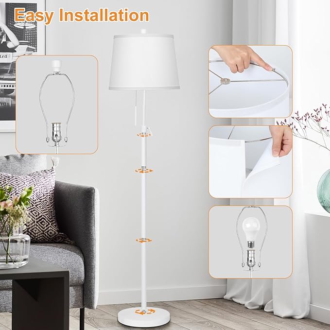 White Floor Lamp for Living Room 55-65" Adjustable Height Modern Standing Lamp with Pull Chain Tall Pole Light with White Shade for Bedroom Reading Office Corner Nursery 9W LED Bulb Included 3 Color