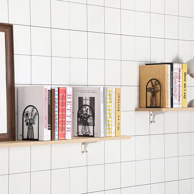 Faccito 5 Pairs Book Ends, Black Metal Bookends for Shelves Decorative, Non Skid Tree Stopper and Flower Shelf Holder for Heavy Books, Home Office School Supplies (Classic)