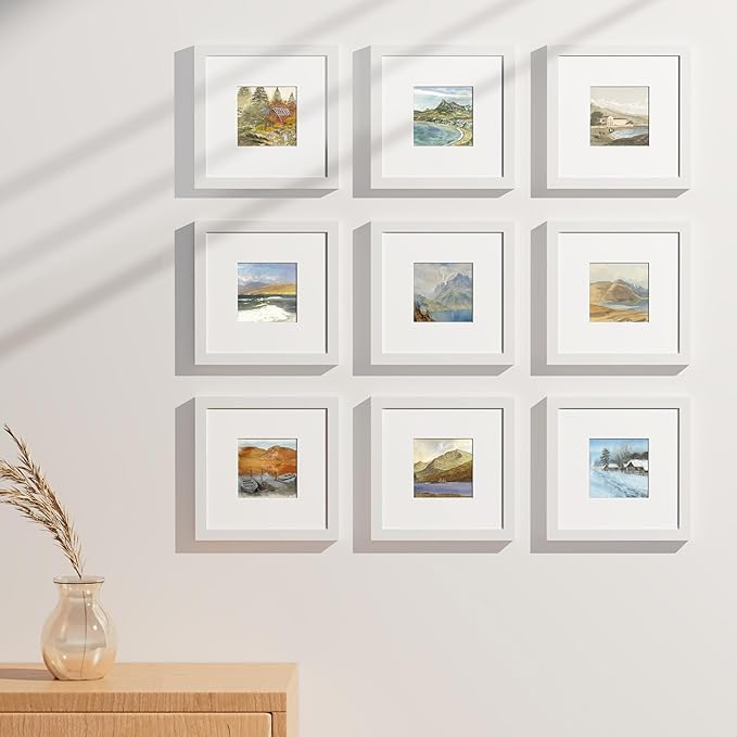 Vittanly 8x8 Picture Frames Set of 9, Shatter Resistant Plexiglass, Display 4x4 Pictures with Mat or 8x8 without Mat, Photo Frames for Wall Mount, Engineered Wood, White