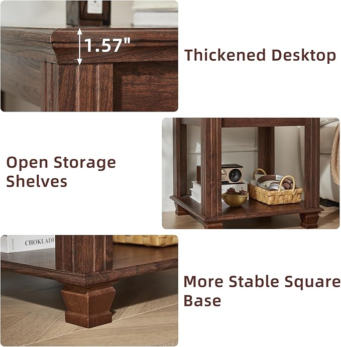 Farmhouse End Table,Large Side Table with 2-Tier Storage Shelf,Rustic Brown End Tables for Living Room,Square Tea Table,Walnut