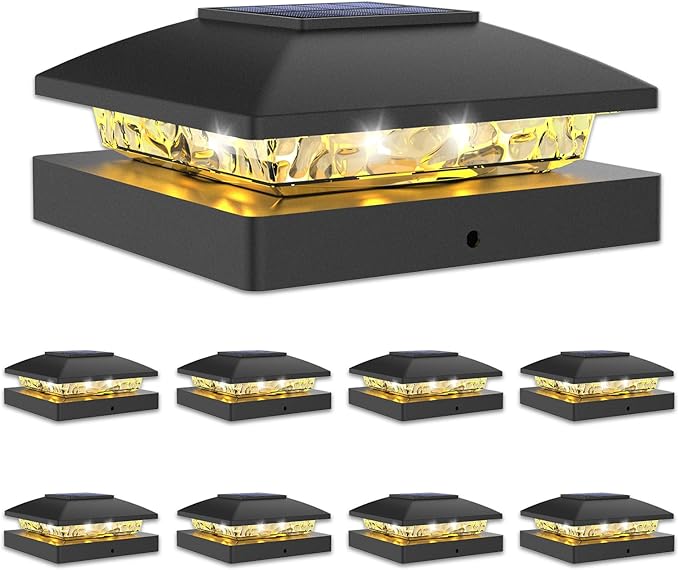 VOLISUN 4x4 Solar Post Cap Light 8pack,Solar Fence - Cap Lights Outdoor Waterproof for Wooden/Vinyl Post,Black Deck Post Cap Light Solar Powered with Warm White for Garden/Patio/Porch
