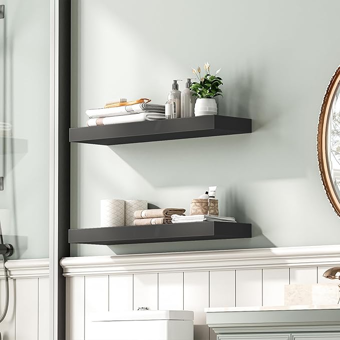 HOOBRO Floating Shelves for Wall, Wall Mounted Shelf Set of 2, 23.6" Hanging Shelf with Invisible Brackets, for Wall in Bathroom, Bedroom, Toilet, Kitchen, Living Room, Office, Black BK60BJ01