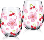 Sliner 2 Pack 17oz Cherry and Flower Stemless Wine Glasses Cherry Blossom Drinking Glasses Floral Tumbler Cups for Women Birthday Anniversary Gift Parties Supplies