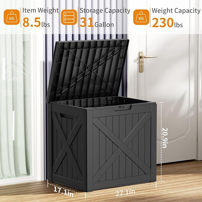 Vixzen 32 Gallon Resin Deck Box - Lockable Outdoor Storage for Patio Cushions, Garden Tools, Pool Supplies，Black