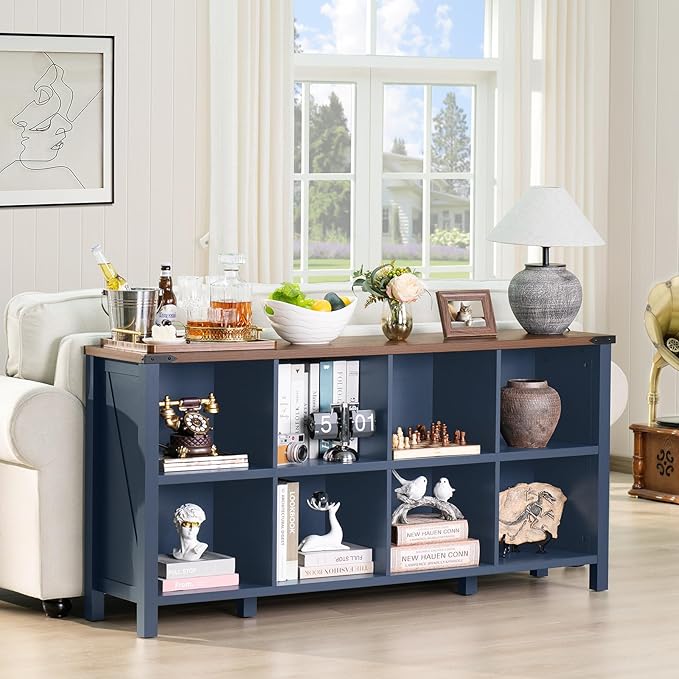 8 Cube Book Shelf, Farmhouse Wood Long Storage Organizer Bookcase, 62" Horizontal Navy Blue Console Closet Bookshelf, Hallway TV Stand for Entryway, Display Cabinet Book Case for Living Room