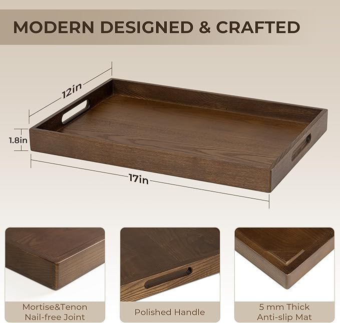 Axeman Wooden Serving Tray with Wood Handles|Ottoman Tray for Breakfast, Bed, Couch|17x12in Ash Wood Coffee Table Trays|Food Drinks Decorative Storage Boards for Ottoman Kitchen, Walnut