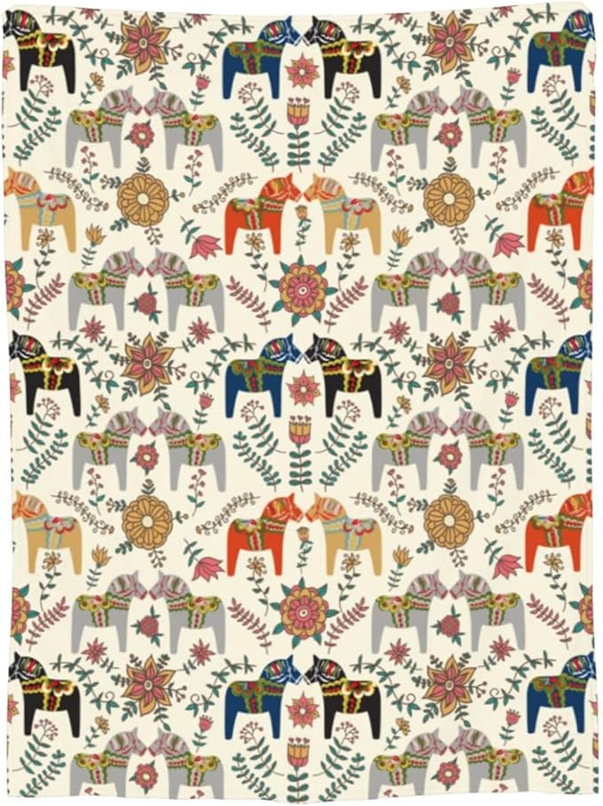 Swedish Dala Horses Throw Blanket Soft Fleece Blanket Men Women Gift for Kids Boys Girls for Party Couch Sofa Bed Deco Blankets 80x60 Inches