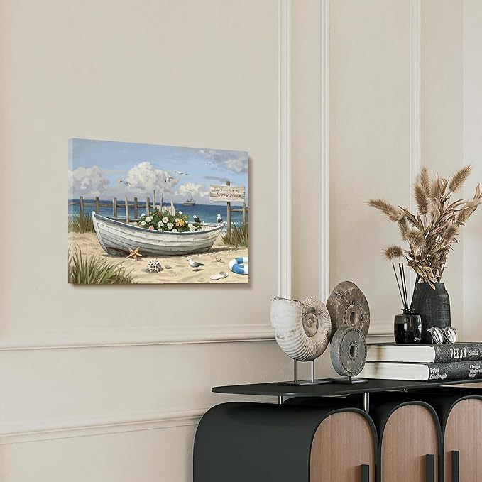 amatop Coastal Wall Art– Beach Scene Picture with Boat on Sandy Shore, Flowers and Sea Birds, Blue Ocean Seascape Themed Canvas Print Nautical Artwork for Bathroom and Bedroom Decor, Small 16x12 Inch