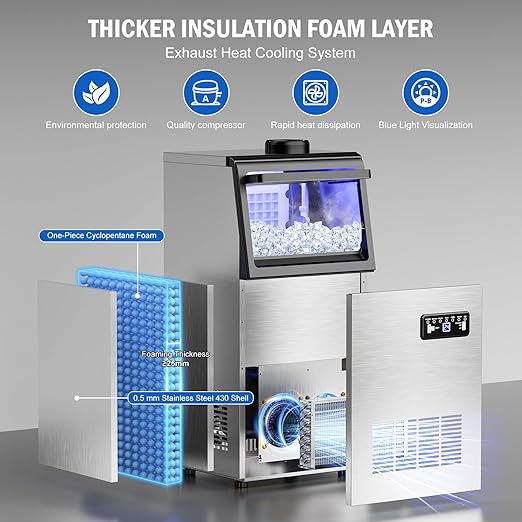 Commercial Ice Maker Machine 130 LBS/24H, 45 Ice Trays Freestanding & Undercounter Ice Machine Stainless Steel with 20 LBS Ice Storage Capacity, Ice Maker with Water Line and Filter, Dual Water Inlet