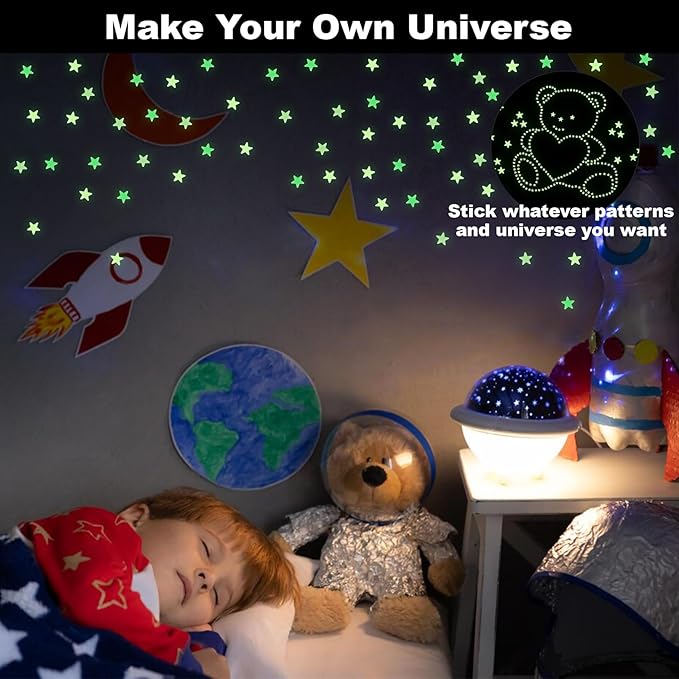 200 Glow in The Dark Stars for Ceiling - Glowing Stars and Moon Stickers Estrellas que brillan en la oscuridad para el techo de cuarto Plastic Space Galaxy Decals Bedroom Wall Decorations
