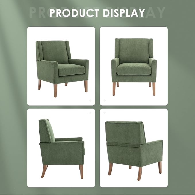 COLAMY Modern Wingback Living Room Chair, Upholstered Fabric Accent Armchair, Single Sofa Chair with Lounge Seat and Wood Legs for Bedroom/Office/Reading Spaces, Green