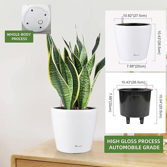 Dexceder 11x10 Inches High Gloss Self Watering Planter Indoor Outdoor, Inner Pot Design, Thickened Table Flower Plant Pot with Water Level Indicator (White)