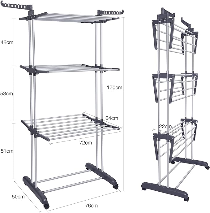 Bigzzia Clothes Drying Rack Folding Drying Rack Clothing 4 Tier Clothes Horses Rack Stainless Steel Laundry Drying Rack with Two Side Wings Grey