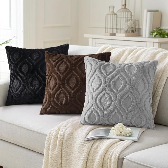 decorUhome Throw Pillow Covers 24x24 Inch Set of 2, Soft Plush Decorative Faux Fur Dark Brown Solid Couch Pillow Covers, Accent Farmhouse Neutral Square Euro Pillow Cases for Sofa Bed Living Room
