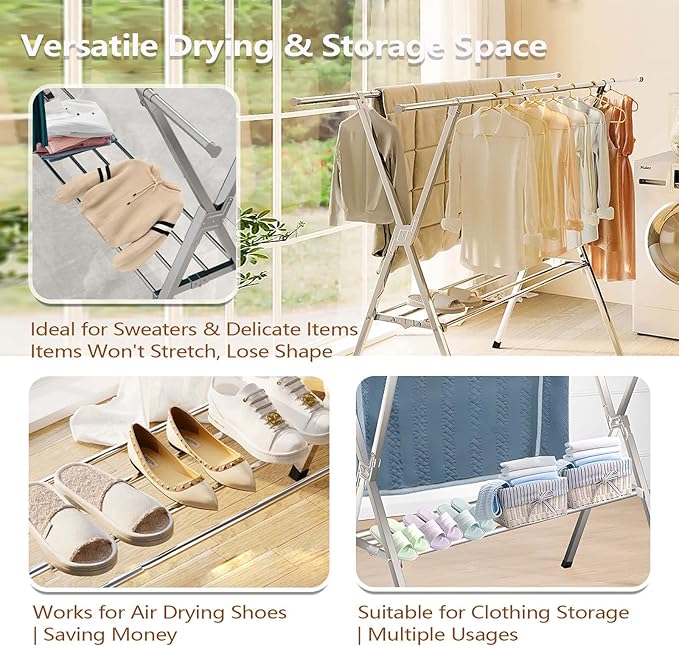 JAUREE Clothes Drying Rack 2 Tiers, Heavy Duty Drying Rack Clothing Folding Indoor Outdoor, Stainless Steel Laundry Drying Rack, Foldable Garment Rack with 20 Windproof Hooks (84 Inches)