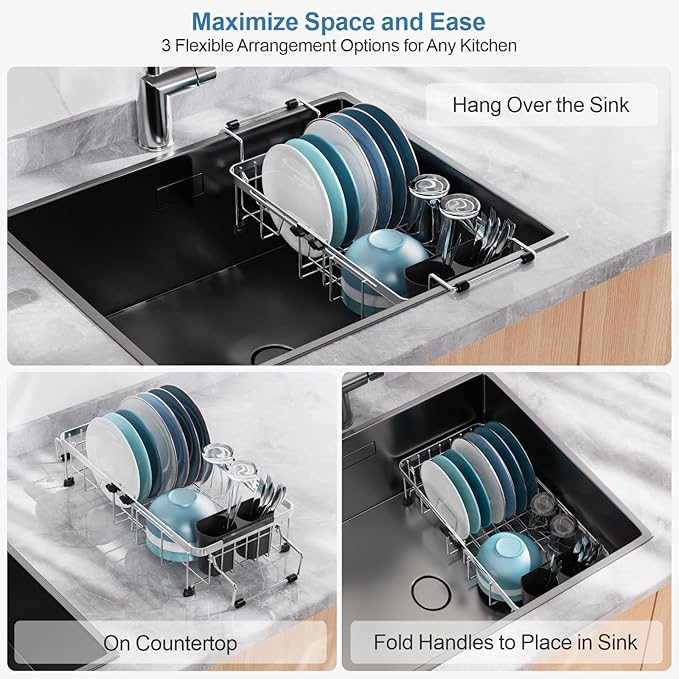 GSlife Expandable in Sink Small Dish Drying Rack - Stainless Steel Capacity Adjustable Over The Sink Dish Rack with Utensil Holder, 11.9“-16.7” L x 9" W x 5.7" H, Silver