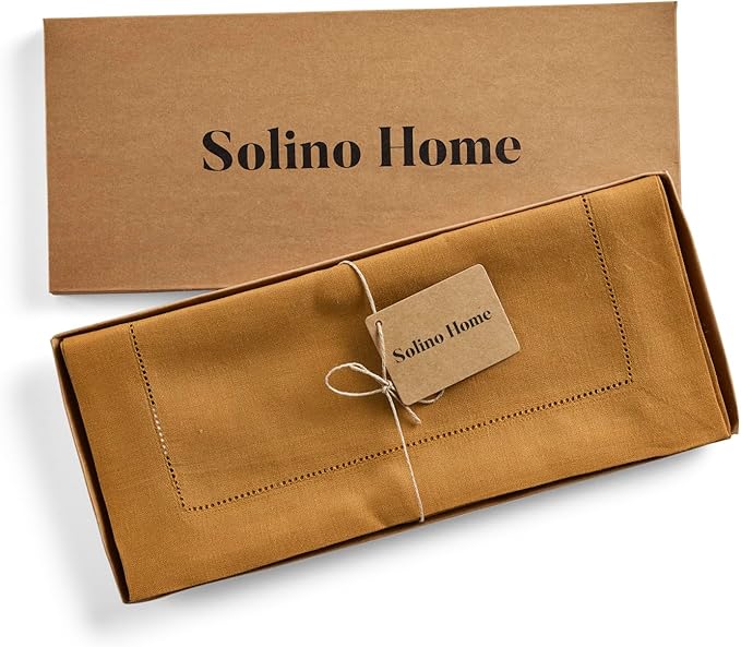 Solino Home Linen Brown Sugar Table Runner 90 Inches Long - 100% Pure Linen 14 x 90 Inch Table Runner for Fall, Autumn, Thanksgiving - Classic Hemstitch