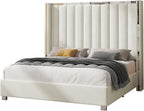 Jocisland King Size Bed Frame with 58" Tall Headboard, Platform Velvet Upholstered Bed with Channel Tufted Wingback Headboard and Plating Trim, No Box Spring Needed, Cream