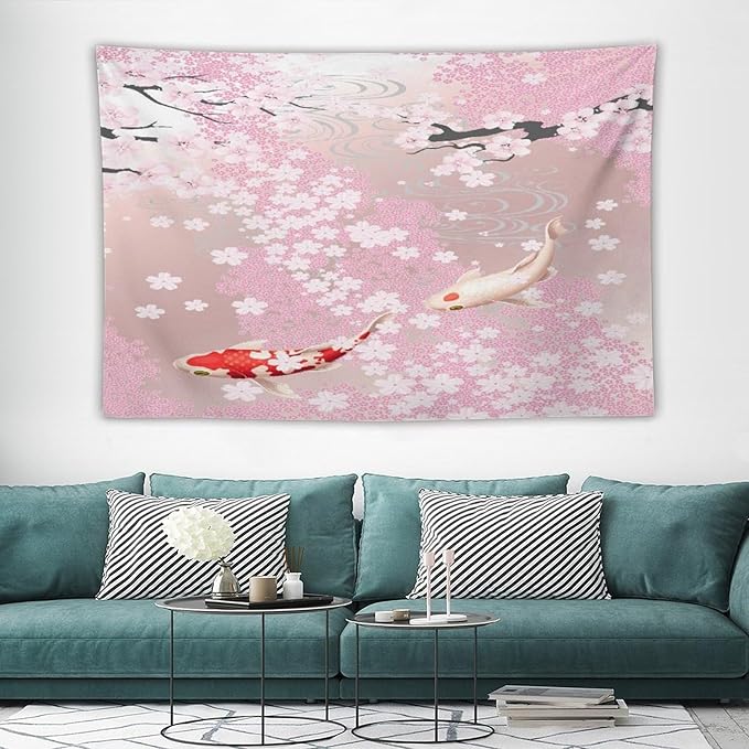 Houselerax Japanese Koi Fish Tapestry, Cherry Blossoms Asian Oriental Pink Flower Branch Koi Fish Carp Tapestries Wall Hanging for Bedroom Living Room Office Decor 60"x40"