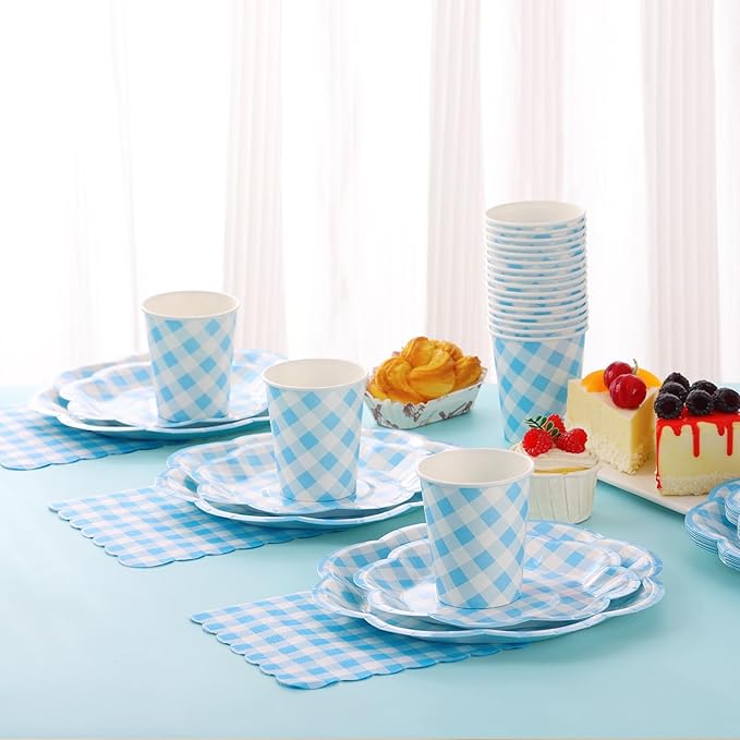 350 Pcs Blue Gingham Plates and Napkins Party Supplies - Blue and White Checkered Plates Sets Serve 50 Guests - Scalloped Gingham Paper Plate for Birthday Dinner Wedding Baby Shower Party Decorations