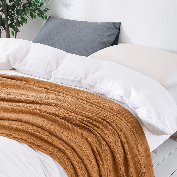 MIULEE Knitted Brown Throw Blanket for Couch,Boho Bed Decor Knit Outdoor Blankets Throw Size with Tassels Cozy Woven for Sofa Home Chair Wave Pattern 50" x 60" Inches