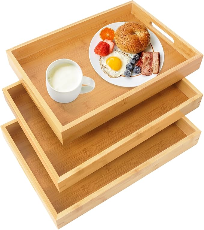 3 Pack Large Bamboo Serving Tray with Handles, 14 x 10 inch Wooden Dinner Tray, Home Kitchen Breakfast Trays for Living Room Bedroom Kitchen Dinner Table, Picnic