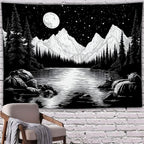 keowhsf Starry Night Mountain Lake Tapestry Black and White Tapestries Aesthetic Moon and Stars Wall Hanging Dark Nature Forest Tapestry for Bedroom Living Room Dorm Decor