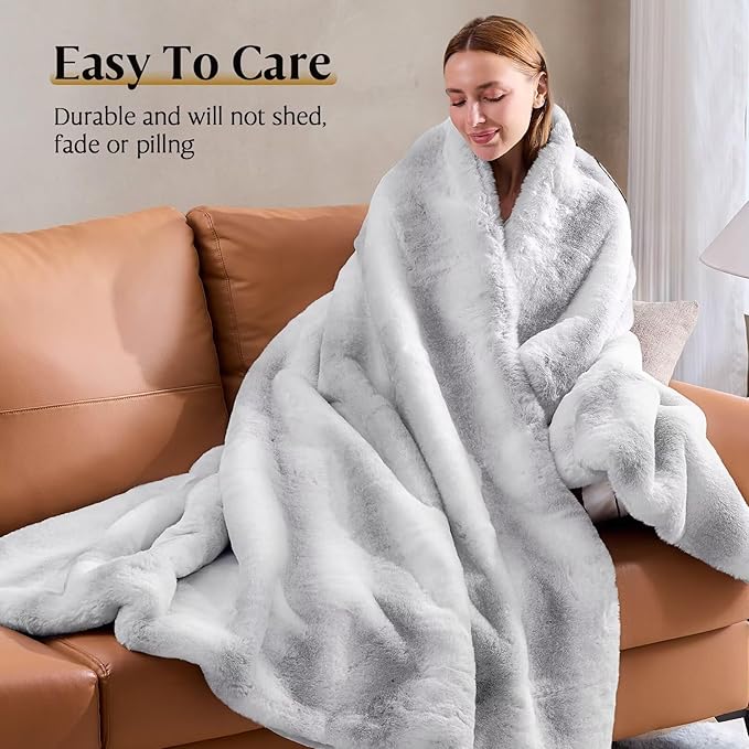 Luxury Faux Fur Blanket - Soft Warm Plush Blankets for Couch Sofa Bed, Fluffy Thick Throws for Bedroom, Office, Living Room, Decorative Reversible, Not Easy to shed - 70"x90", Grey/White