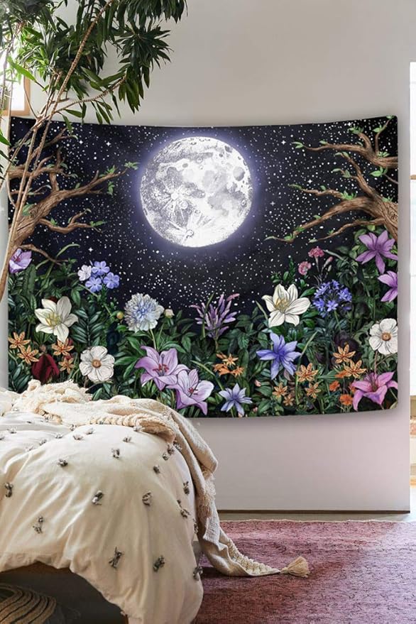 Neasow Aesthetic Moon Garden Tapestry Wall Hanging, Night Landscape with Colorful Plants Floral Tapestries for Bedroom Home Decor Multi Color 50×60 inch (130cm×150cm)
