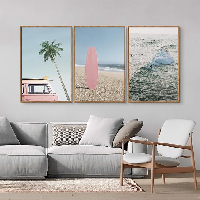Tinonedraw Large Ocean Beach Framed Canvas Wall Art, Summer Coastal Surfboard Wall Decor, Palm Tree Pink Car Artwork, Modern Surfing Seascape Art Prints for Living Room Bedroom Office 16"x24"x3