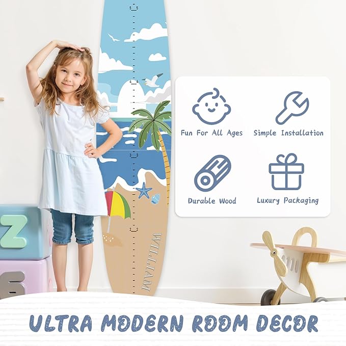 Personalized Name Growth Chart, Surfboard Children's Height Growth Chart Wall Board, Stereoscopic Height Ruler, Precision Height Measuring Instrument for Nursery Room, Includes Tools