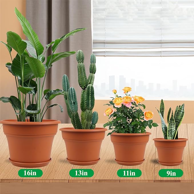 16 inch Plastic-Flower-Pot-for-Indoor-Plants, 4 Pack Large Outdoor Planter Pot with Drainage Holes & Saucers, Resin Decorative Garden Pots Planters