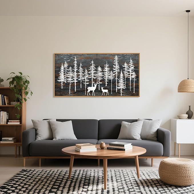 Modern White Forest Framed Canvas Wall Art Set, Minimalist Woodland Art Painting, Retro Tree Landscape Wall Decor, Wildland Deer Artwork for Living Room, Dining Room, Office - 20"x40"